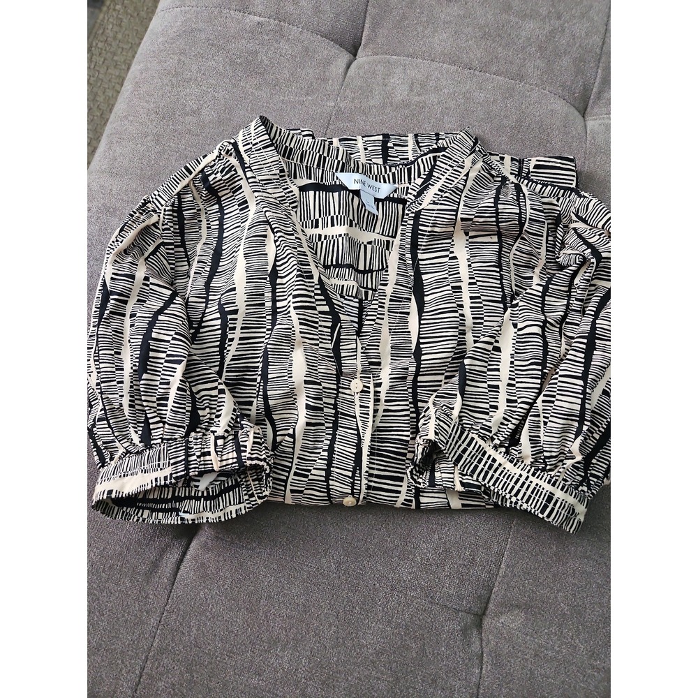 Nine West Abstract Geometric Button Front Top w/ Puff Sleeves Size Large Cotton